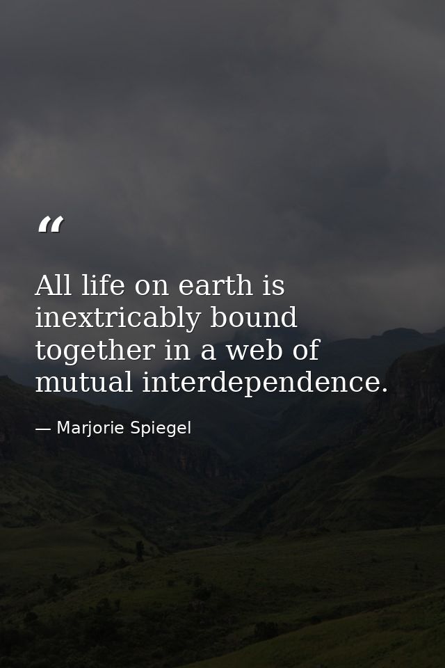 All life on earth is inextricably bound together in a web of mutual interdependence. — Marjorie Spiegel