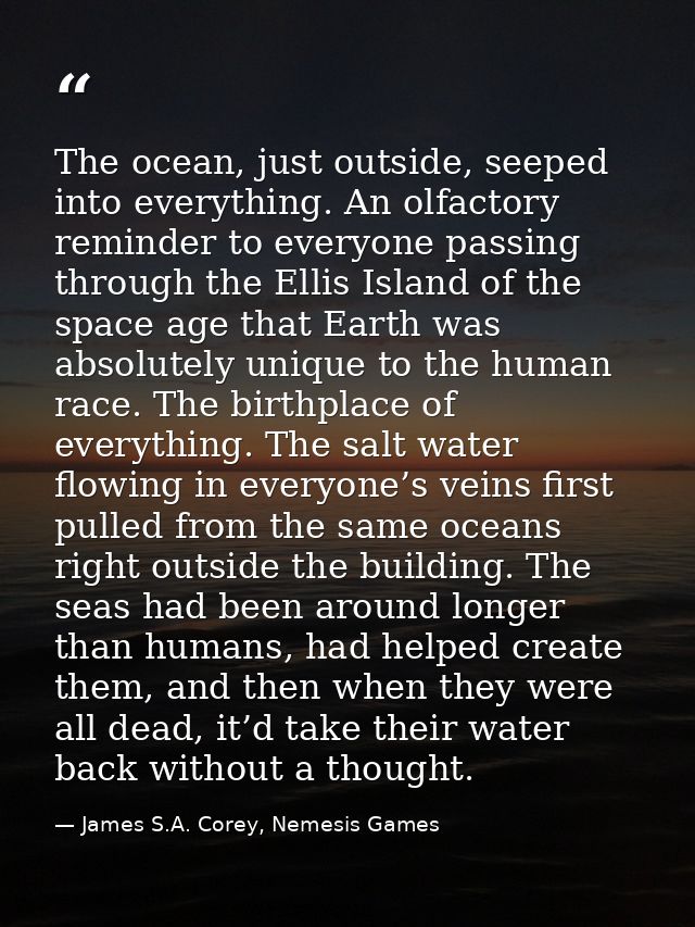 The ocean, just outside, seeped into everything. An olfactory reminder to everyone passing through the Ellis Island of t — James S.A. Corey, Nemesis Games