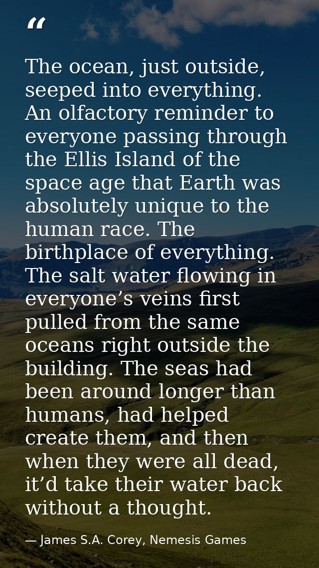 The ocean, just outside, seeped into everything. An olfactory reminder to everyone passing through the Ellis Island of t — James S.A. Corey, Nemesis Games