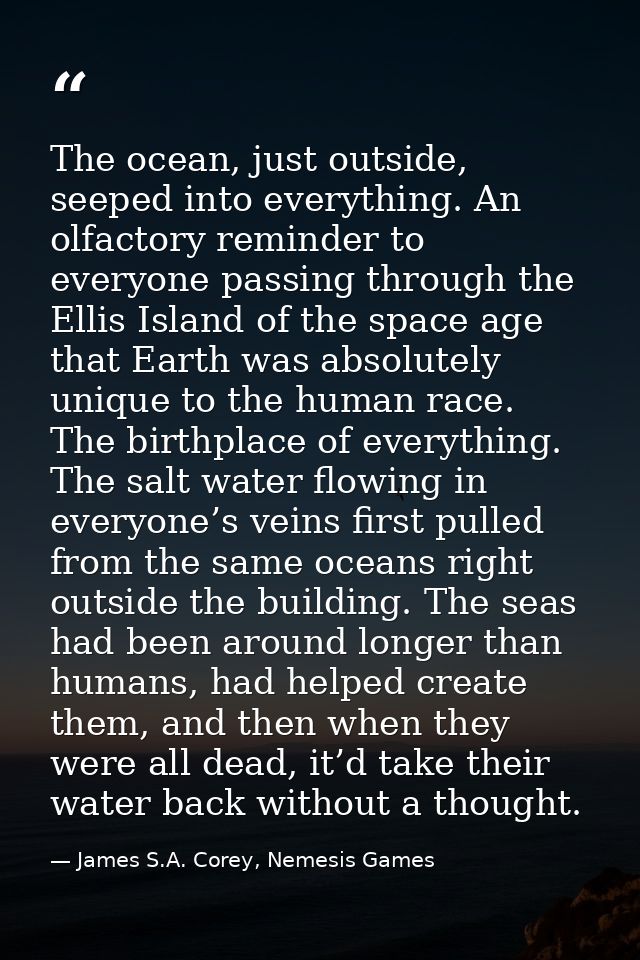 The ocean, just outside, seeped into everything. An olfactory reminder to everyone passing through the Ellis Island of t — James S.A. Corey, Nemesis Games