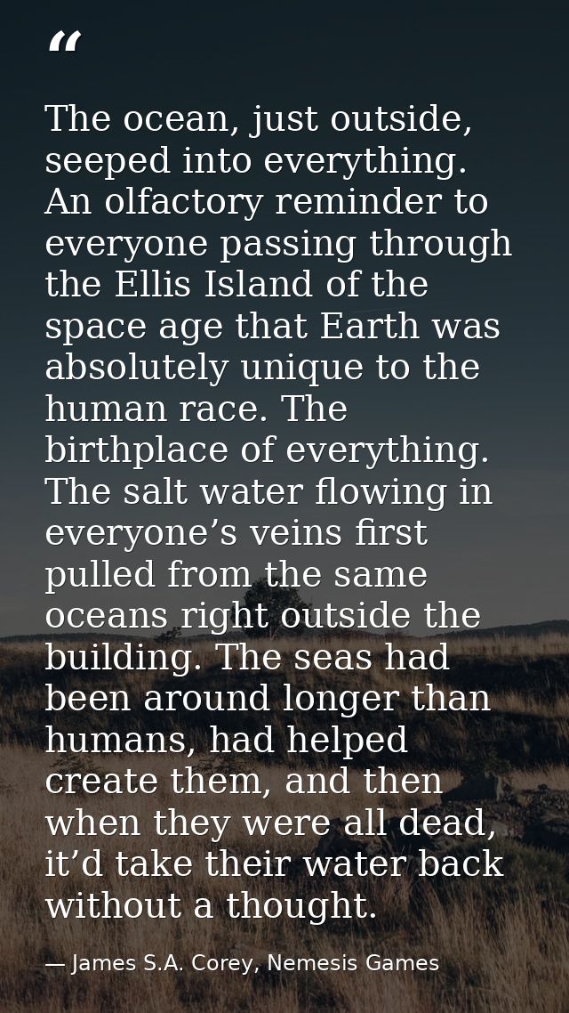 The ocean, just outside, seeped into everything. An olfactory reminder to everyone passing through the Ellis Island of t — James S.A. Corey, Nemesis Games
