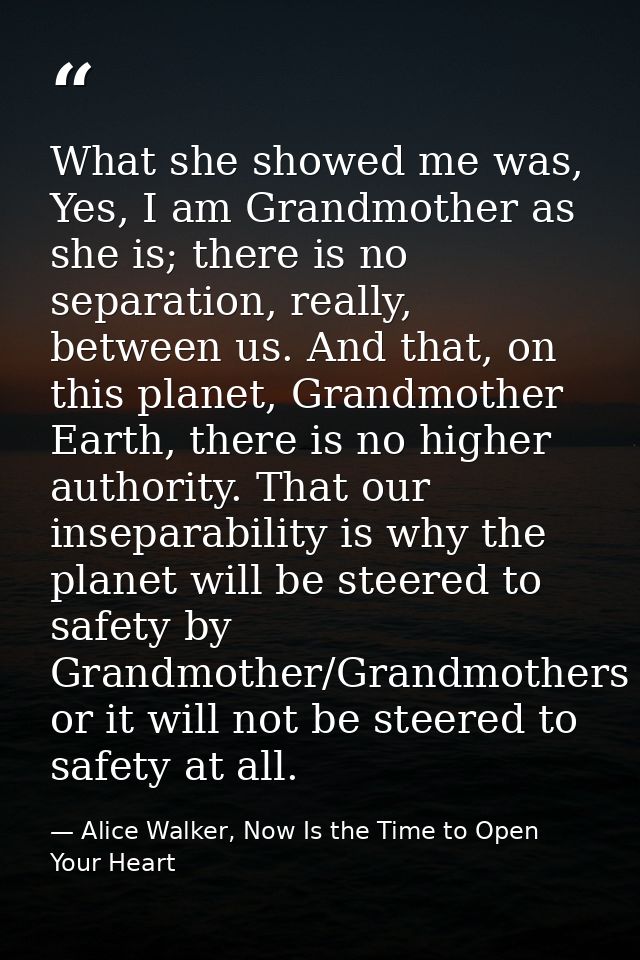 What she showed me was, Yes, I am Grandmother as she is; there is no separation, really, between us. And that, on this p — Alice Walker, Now Is the Time to Open Your Heart