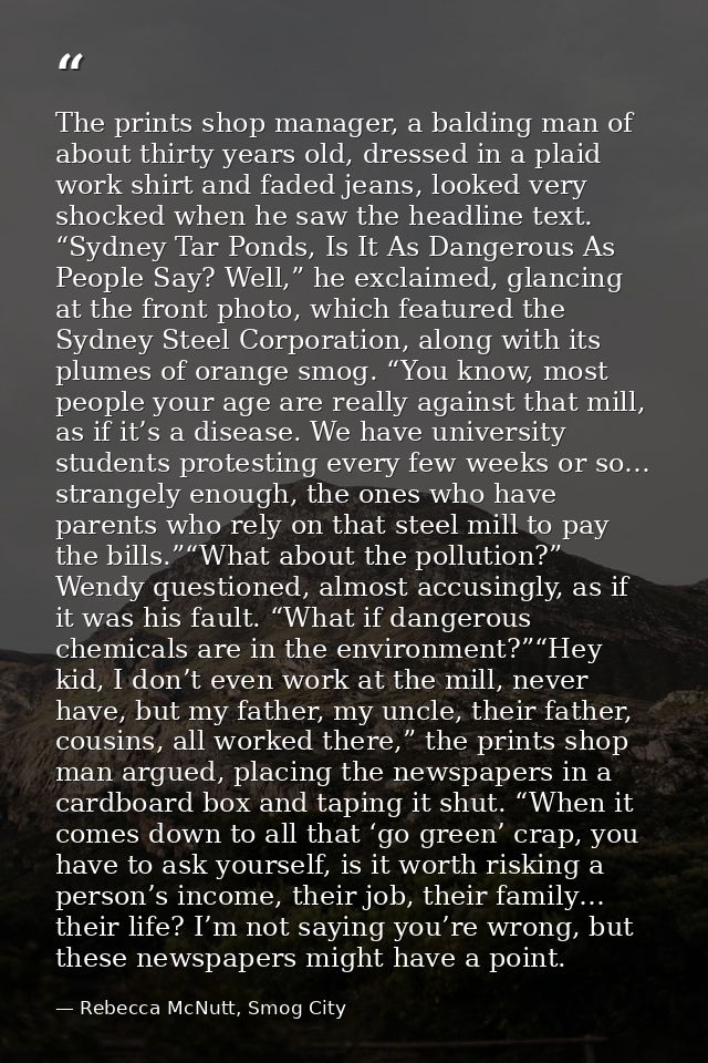 The prints shop manager, a balding man of about thirty years old, dressed in a plaid work shirt and faded jeans, looked  — Rebecca McNutt, Smog City
