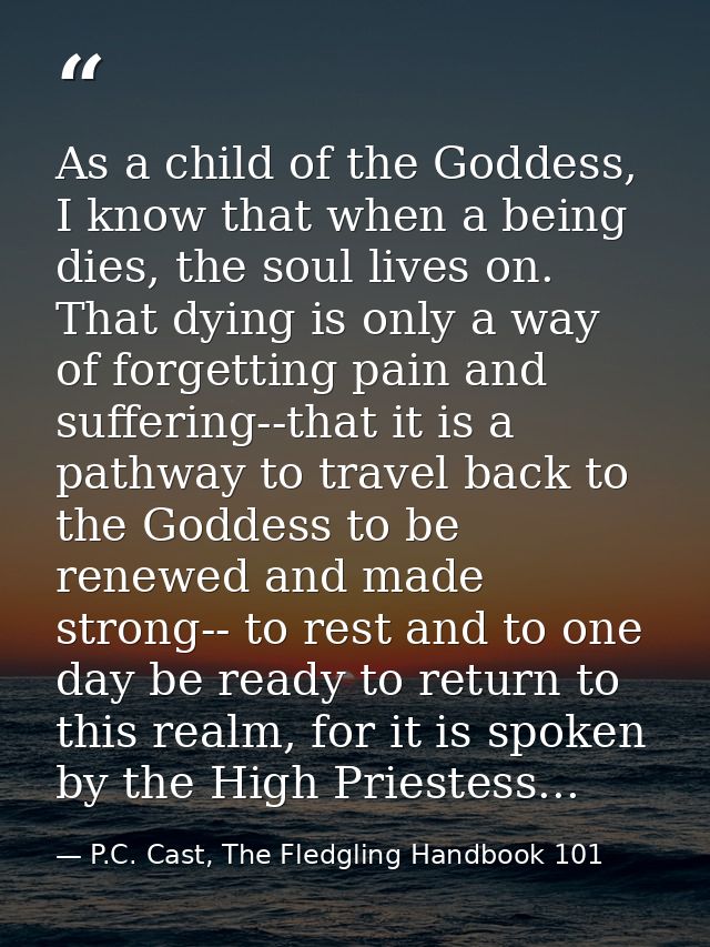 As a child of the Goddess, I know that when a being dies, the soul lives on. That dying is only a way of forgetting pain — P.C. Cast, The Fledgling Handbook 101