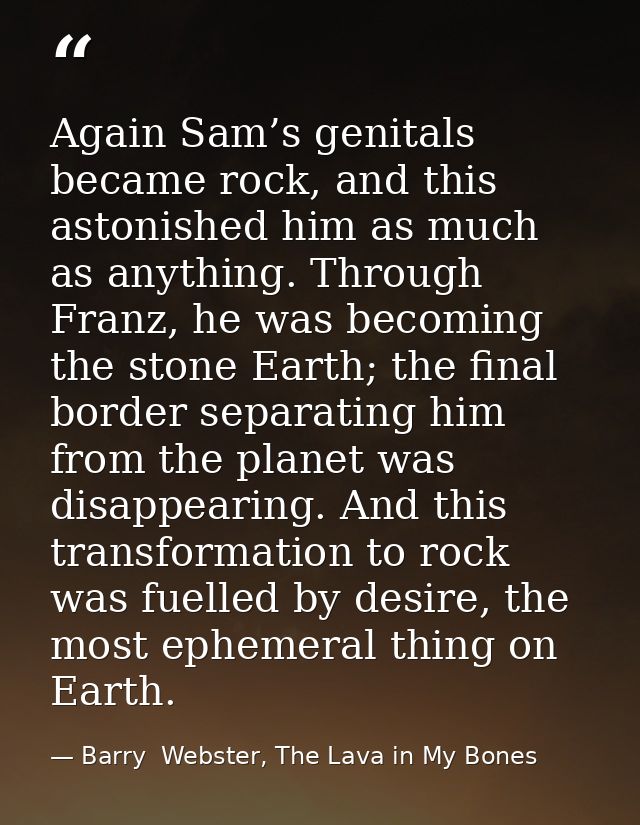 Again Sam’s genitals became rock, and this astonished him as much as anything. Through Franz, he was becoming the stone  — Barry  Webster, The Lava in My Bones