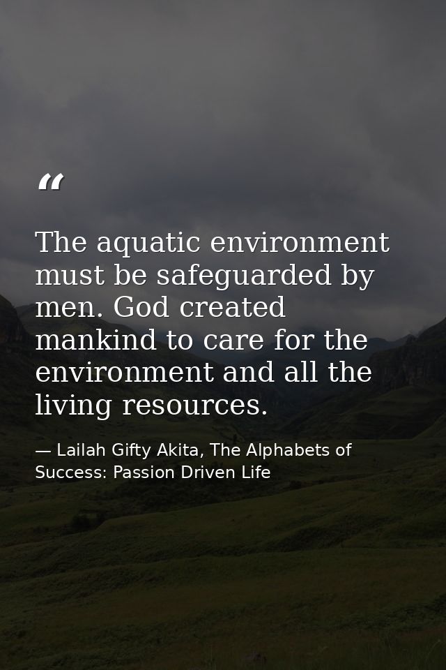 The aquatic environment must be safeguarded by men. God created mankind to care for the environment and all the living r — Lailah Gifty Akita, The Alphabets of  Success: Passion Driven Life