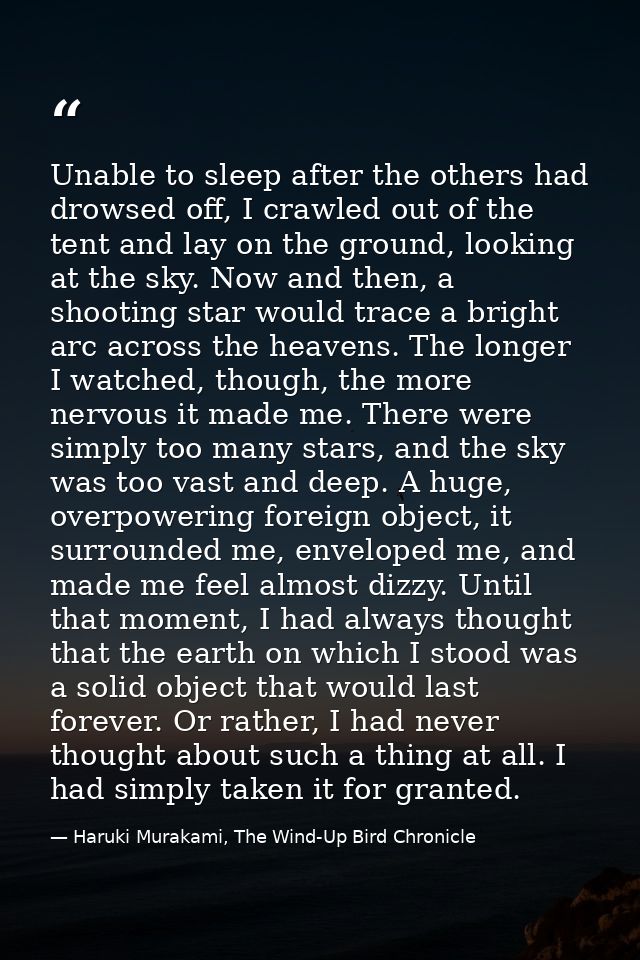 Unable to sleep after the others had drowsed off, I crawled out of the tent and lay on the ground, looking at the sky. N — Haruki Murakami, The Wind-Up Bird Chronicle
