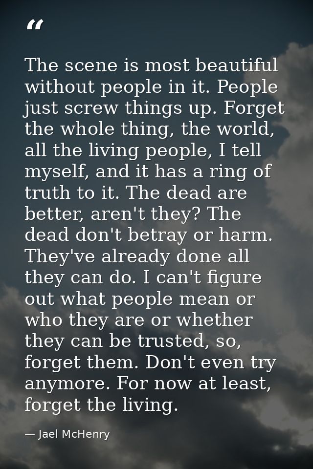The scene is most beautiful without people in it. People just screw things up. Forget the whole thing, the world, all th — Jael McHenry