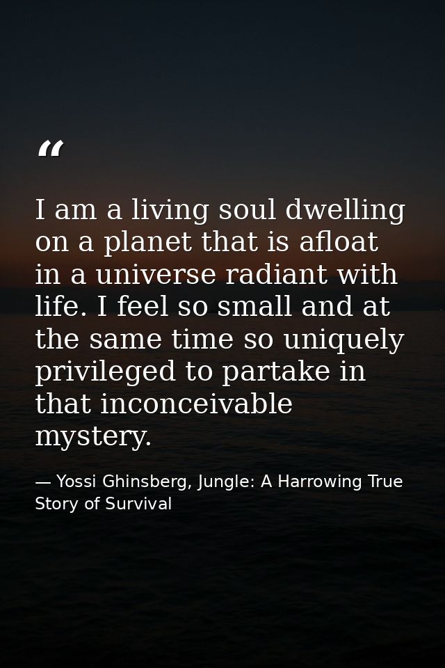 I am a living soul dwelling on a planet that is afloat in a universe radiant with life. I feel so small and at the same  — Yossi Ghinsberg, Jungle: A Harrowing True Story of Survival