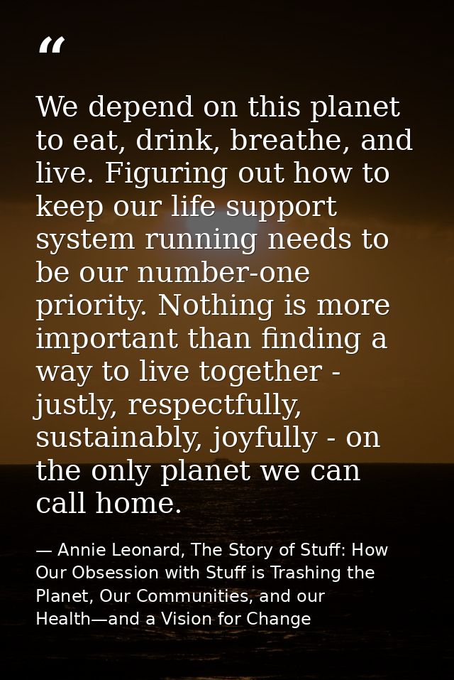 We depend on this planet to eat, drink, breathe, and live. Figuring out how to keep our life support system running need — Annie Leonard, The Story of Stuff: How Our Obsession with Stuff is Trashing the Planet, Our Communities, and our Health—and a Vision for Change