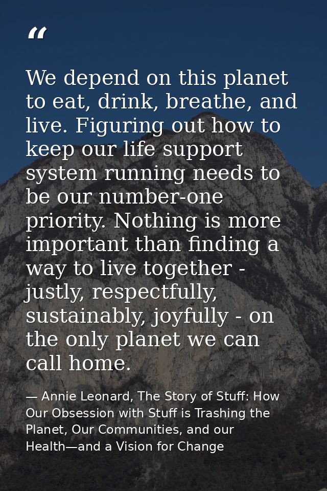 We depend on this planet to eat, drink, breathe, and live. Figuring out how to keep our life support system running need — Annie Leonard, The Story of Stuff: How Our Obsession with Stuff is Trashing the Planet, Our Communities, and our Health—and a Vision for Change
