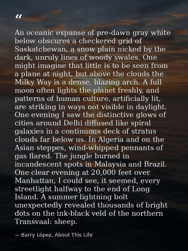 An oceanic expanse of pre-dawn gray white below obscures a checkered grid of Saskatchewan, a snow plain nicked by the da — Barry López, About This Life