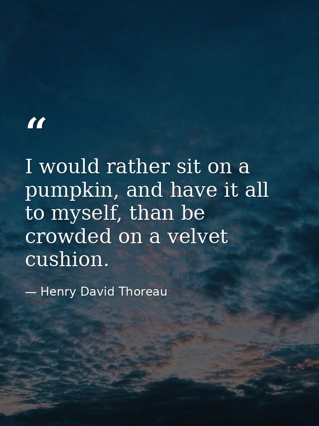 I would rather sit on a pumpkin, and have it all to myself, than be crowded on a velvet cushion. — Henry David Thoreau