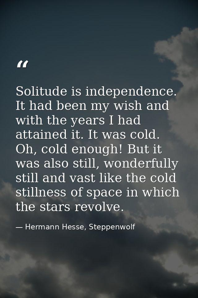 Solitude is independence. It had been my wish and with the years I had attained it. It was cold. Oh, cold enough! But it — Hermann Hesse, Steppenwolf