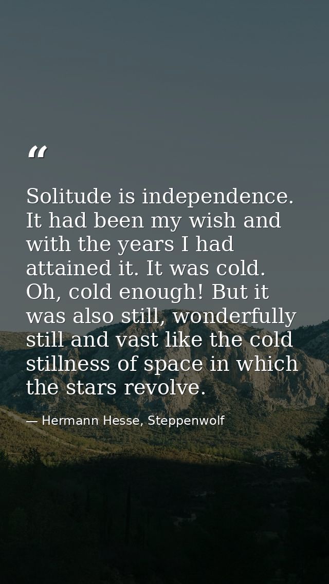 Solitude is independence. It had been my wish and with the years I had attained it. It was cold. Oh, cold enough! But it — Hermann Hesse, Steppenwolf