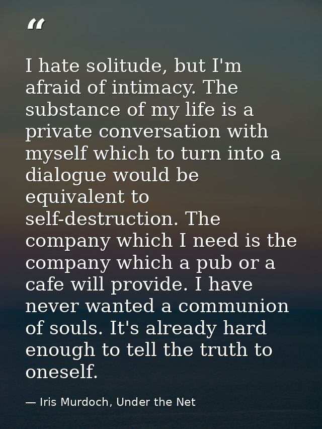 I hate solitude, but I'm afraid of intimacy. The substance of my life is a private conversation with myself which to tur — Iris Murdoch, Under the Net