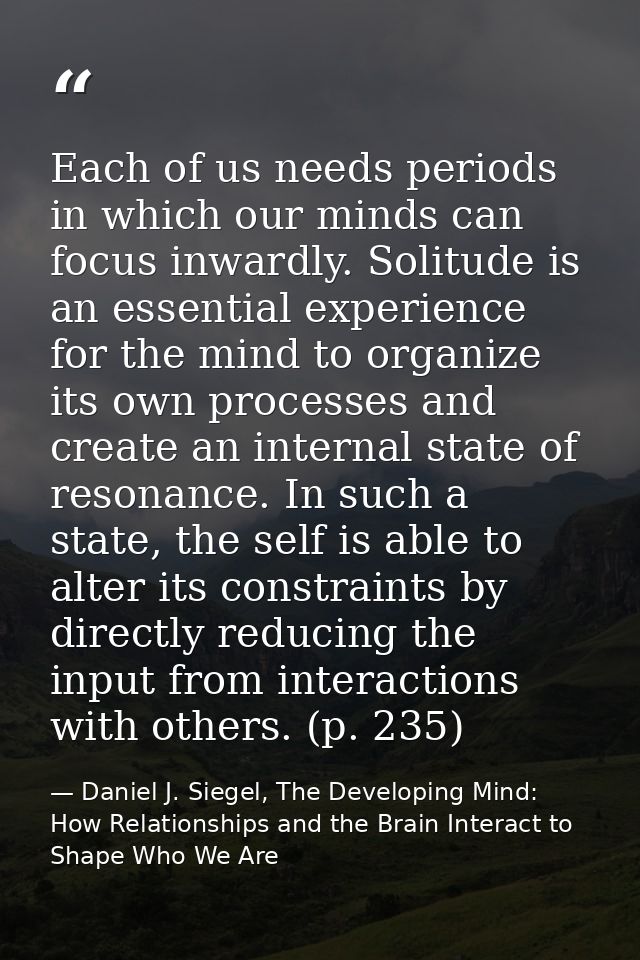 Each of us needs periods in which our minds can focus inwardly. Solitude is an essential experience for the mind to orga — Daniel J. Siegel, The Developing Mind: How Relationships and the Brain Interact to Shape Who We Are