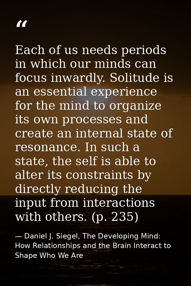 Each of us needs periods in which our minds can focus inwardly. Solitude is an essential experience for the mind to orga — Daniel J. Siegel, The Developing Mind: How Relationships and the Brain Interact to Shape Who We Are