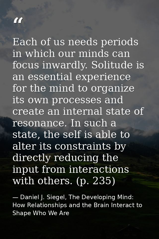 Each of us needs periods in which our minds can focus inwardly. Solitude is an essential experience for the mind to orga — Daniel J. Siegel, The Developing Mind: How Relationships and the Brain Interact to Shape Who We Are