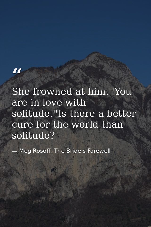 She frowned at him. 'You are in love with solitude.''Is there a better cure for the world than solitude? — Meg Rosoff, The Bride's Farewell