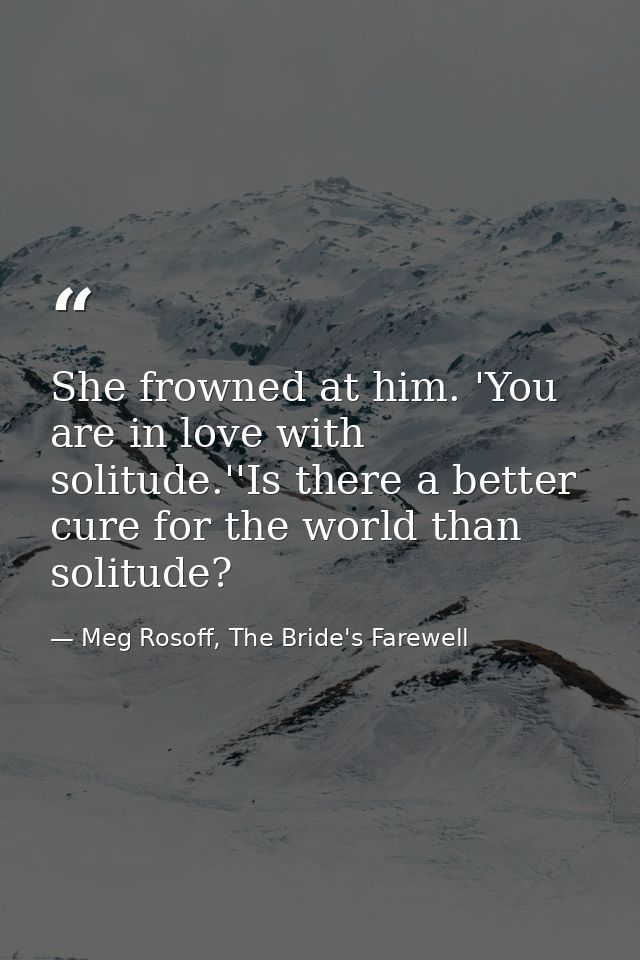 She frowned at him. 'You are in love with solitude.''Is there a better cure for the world than solitude? — Meg Rosoff, The Bride's Farewell