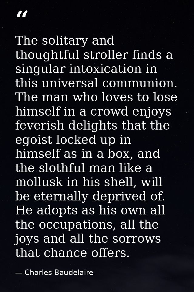 The solitary and thoughtful stroller finds a singular intoxication in this universal communion. The man who loves to los — Charles Baudelaire