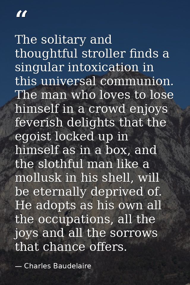 The solitary and thoughtful stroller finds a singular intoxication in this universal communion. The man who loves to los — Charles Baudelaire