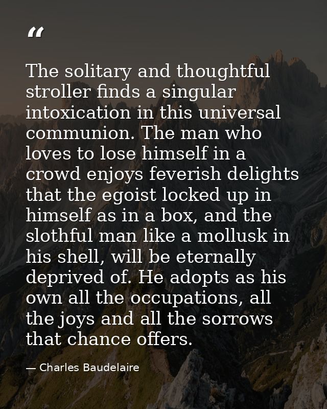 The solitary and thoughtful stroller finds a singular intoxication in this universal communion. The man who loves to los — Charles Baudelaire