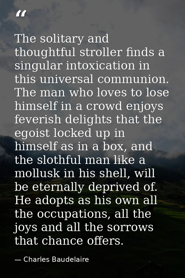 The solitary and thoughtful stroller finds a singular intoxication in this universal communion. The man who loves to los — Charles Baudelaire