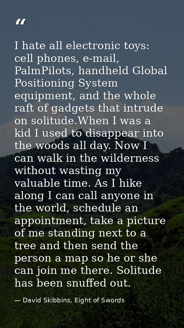 I hate all electronic toys: cell phones, e-mail, PalmPilots, handheld Global Positioning System equipment, and the whole — David Skibbins, Eight of Swords