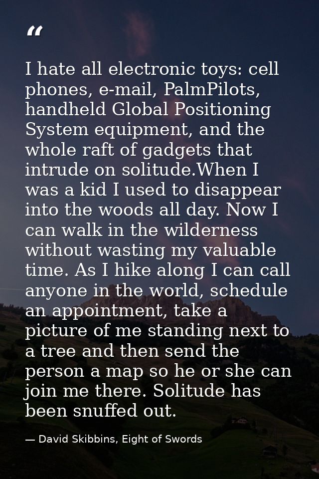 I hate all electronic toys: cell phones, e-mail, PalmPilots, handheld Global Positioning System equipment, and the whole — David Skibbins, Eight of Swords