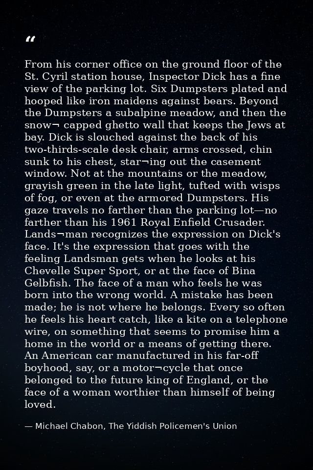 From his corner office on the ground floor of the St. Cyril station house, Inspector Dick has a fine view of the parking — Michael Chabon, The Yiddish Policemen's Union