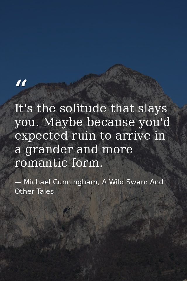 It's the solitude that slays you. Maybe because you'd expected ruin to arrive in a grander and more romantic form. — Michael Cunningham, A Wild Swan: And Other Tales