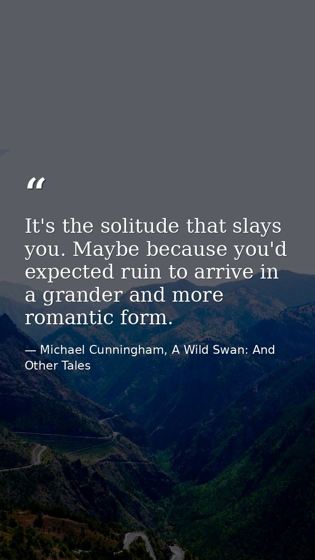 It's the solitude that slays you. Maybe because you'd expected ruin to arrive in a grander and more romantic form. — Michael Cunningham, A Wild Swan: And Other Tales