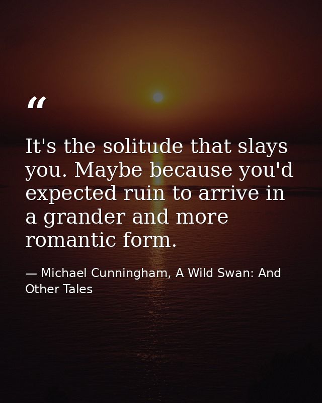 It's the solitude that slays you. Maybe because you'd expected ruin to arrive in a grander and more romantic form. — Michael Cunningham, A Wild Swan: And Other Tales