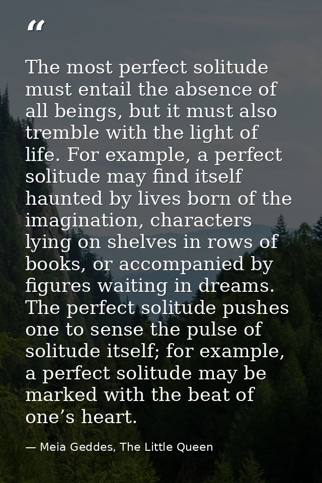 The most perfect solitude must entail the absence of all beings, but it must also tremble with the light of life. For ex — Meia Geddes, The Little Queen