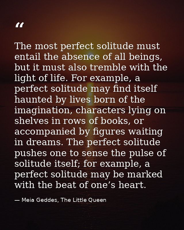 The most perfect solitude must entail the absence of all beings, but it must also tremble with the light of life. For ex — Meia Geddes, The Little Queen