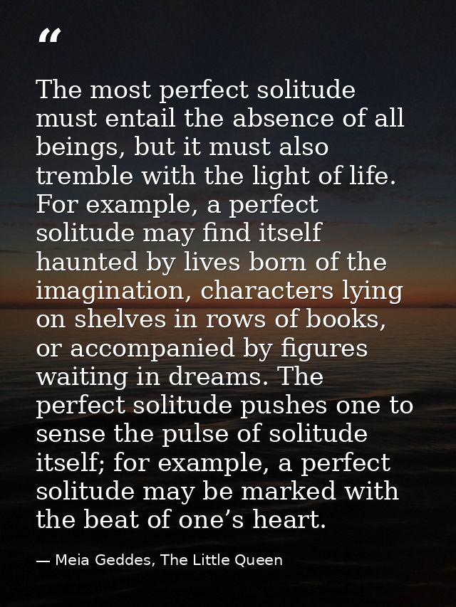 The most perfect solitude must entail the absence of all beings, but it must also tremble with the light of life. For ex — Meia Geddes, The Little Queen