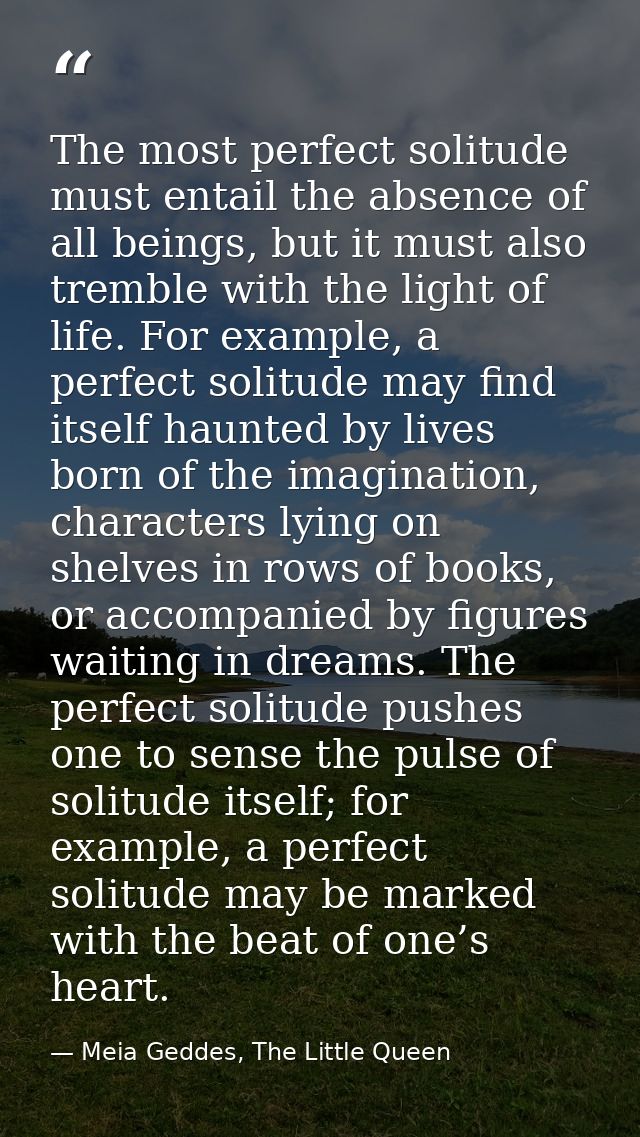 The most perfect solitude must entail the absence of all beings, but it must also tremble with the light of life. For ex — Meia Geddes, The Little Queen