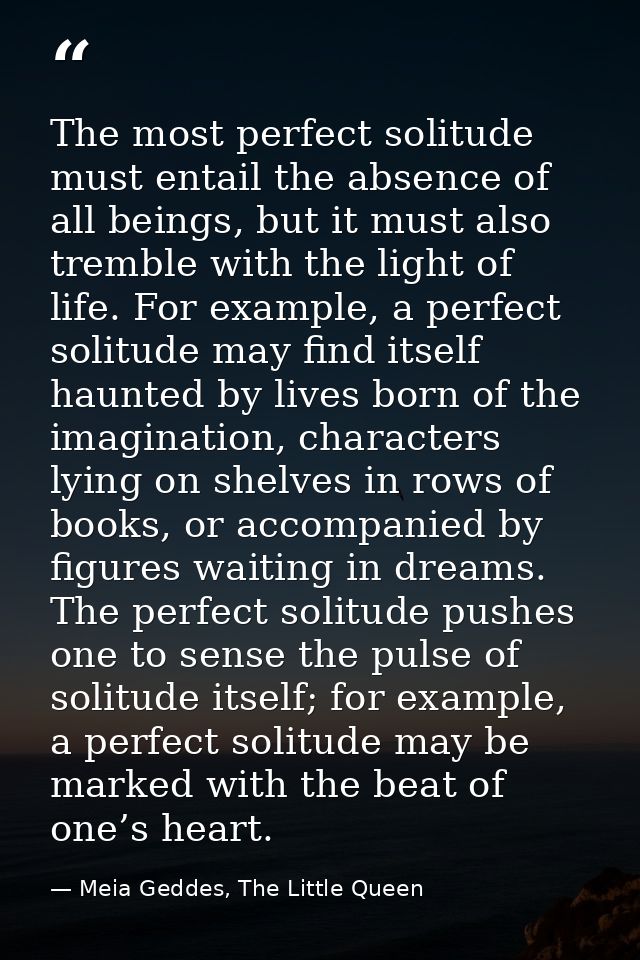 The most perfect solitude must entail the absence of all beings, but it must also tremble with the light of life. For ex — Meia Geddes, The Little Queen