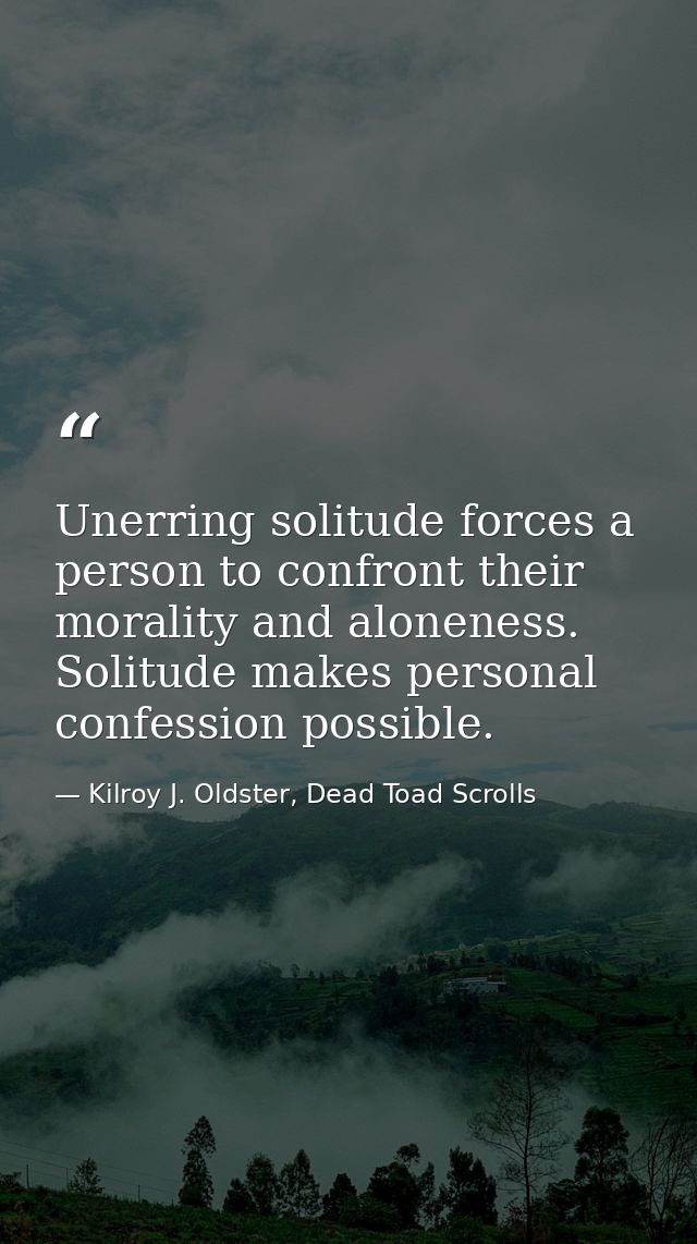 Unerring solitude forces a person to confront their morality and aloneness. Solitude makes personal confession possible. — Kilroy J. Oldster, Dead Toad Scrolls