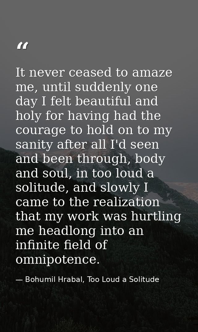 It never ceased to amaze me, until suddenly one day I felt beautiful and holy for having had the courage to hold on to m — Bohumil Hrabal, Too Loud a Solitude