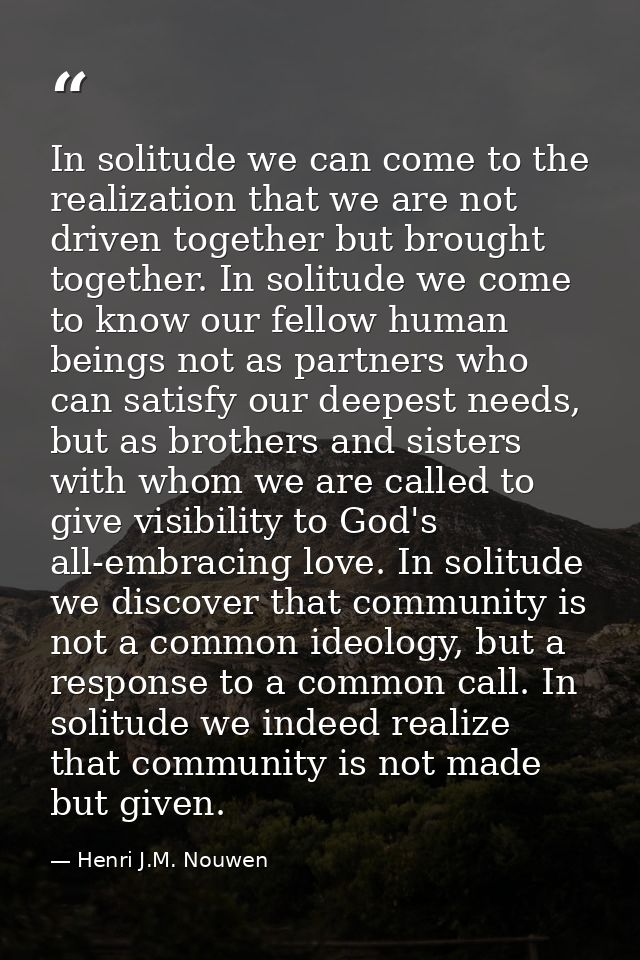 In solitude we can come to the realization that we are not driven together but brought together. In solitude we come to  — Henri J.M. Nouwen