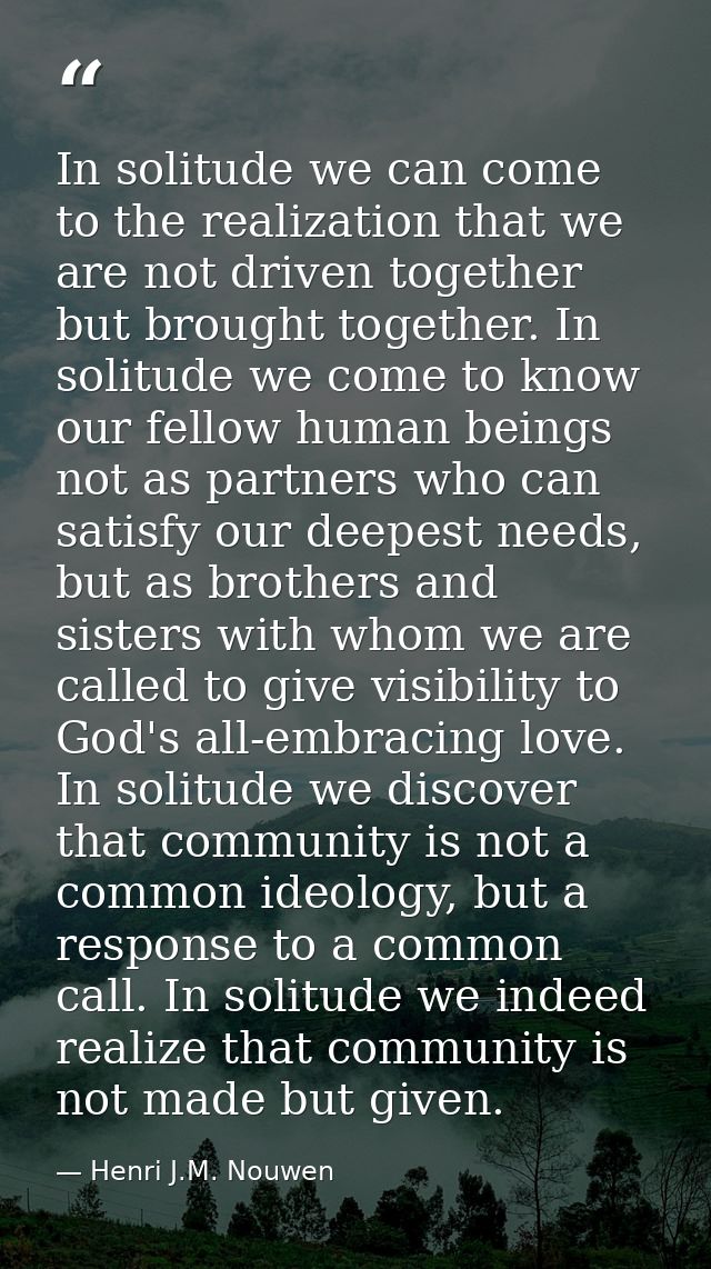 In solitude we can come to the realization that we are not driven together but brought together. In solitude we come to  — Henri J.M. Nouwen