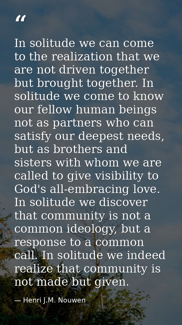 In solitude we can come to the realization that we are not driven together but brought together. In solitude we come to  — Henri J.M. Nouwen