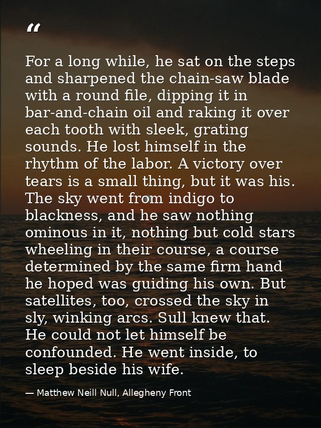 For a long while, he sat on the steps and sharpened the chain-saw blade with a round file, dipping it in bar-and-chain o — Matthew Neill Null, Allegheny Front
