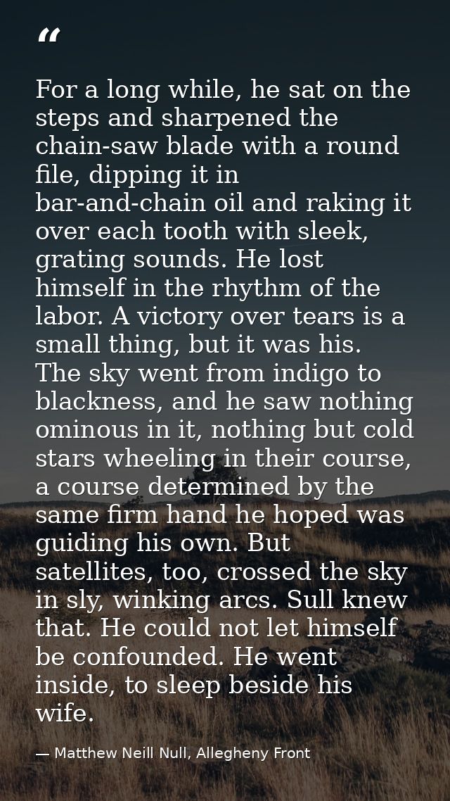 For a long while, he sat on the steps and sharpened the chain-saw blade with a round file, dipping it in bar-and-chain o — Matthew Neill Null, Allegheny Front