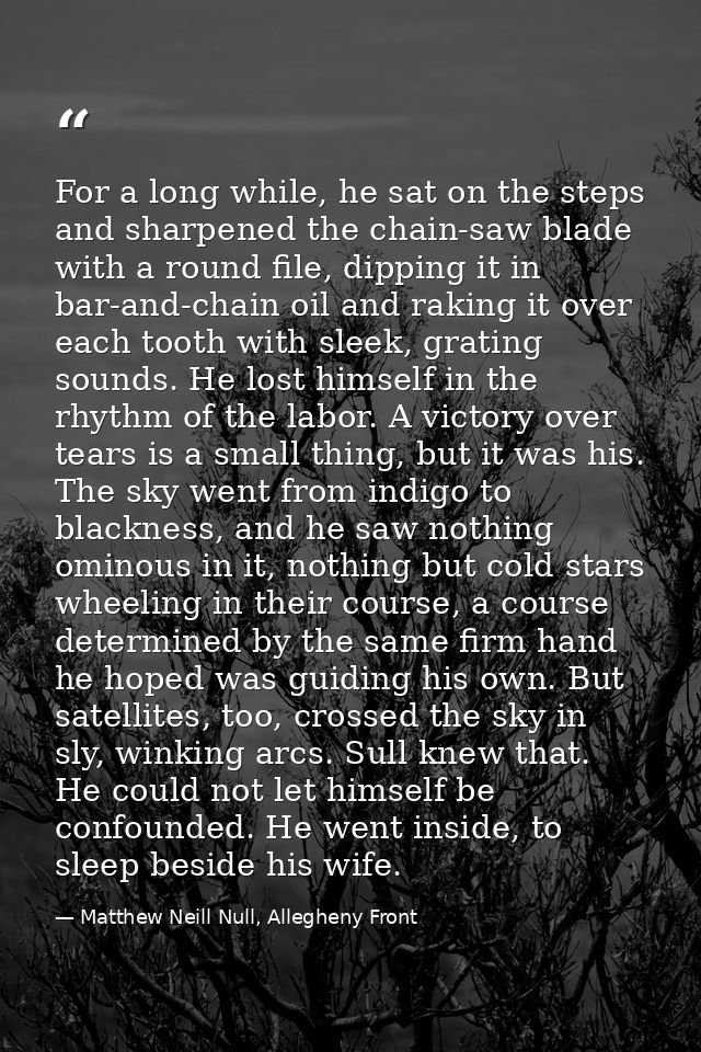For a long while, he sat on the steps and sharpened the chain-saw blade with a round file, dipping it in bar-and-chain o — Matthew Neill Null, Allegheny Front