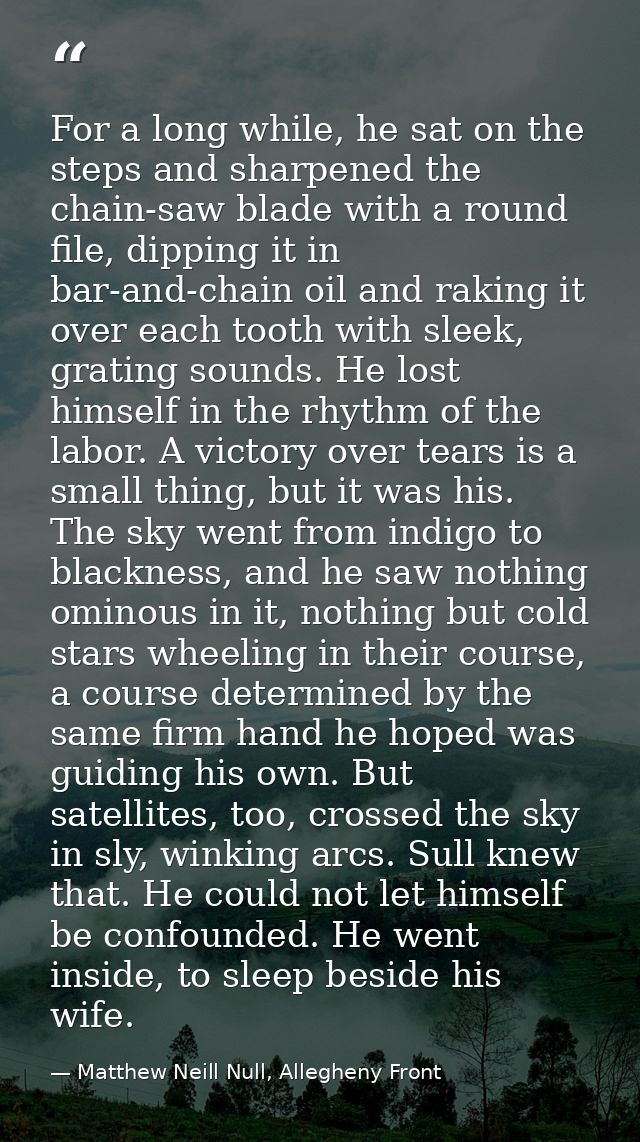 For a long while, he sat on the steps and sharpened the chain-saw blade with a round file, dipping it in bar-and-chain o — Matthew Neill Null, Allegheny Front