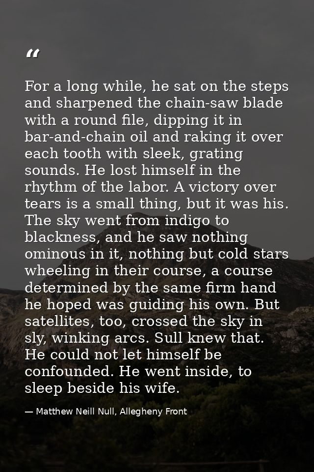 For a long while, he sat on the steps and sharpened the chain-saw blade with a round file, dipping it in bar-and-chain o — Matthew Neill Null, Allegheny Front